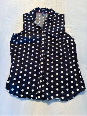 Chaps Navy and White Polka Dot Sleeveless Button Front Top
